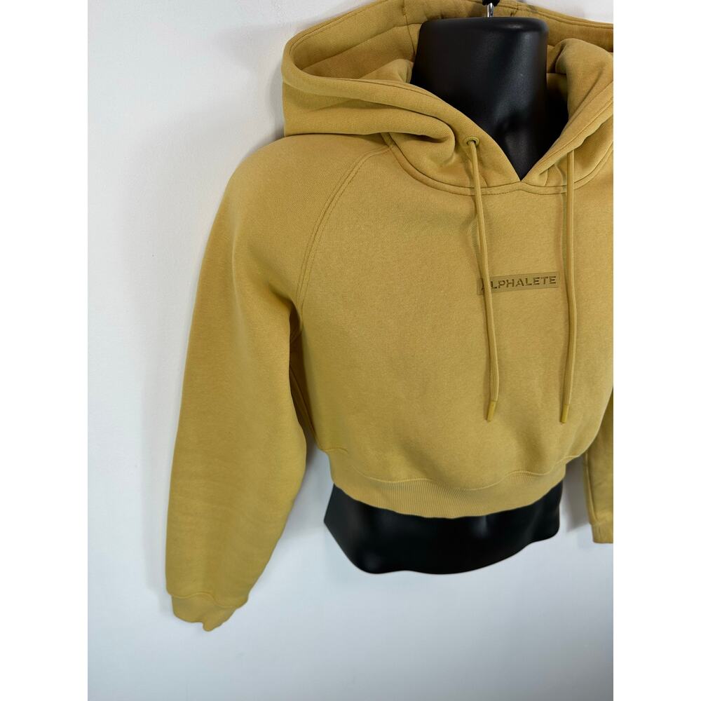 Alphalete Crop Hoodie Gold Size Small Cozy Fleece Chest Spellout Logo - Picture 9 of 9